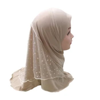 2-7 Ani Fete Musulmane Hijab Capace Destul de Dantelă cu Ochiuri mozaic Islamic Turban dintr-O Bucata Instant Hijabs Pentru Copii Gata de A Purta