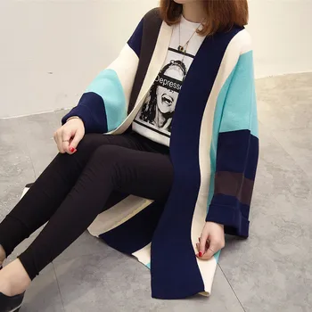 Toamna Noua Femei Cardigan Tricotate Pulover Casual Cu Maneci Lungi Femei Mid-Lungime Culoare De Contrast Coreean Liber Doamnelor Topuri Valul Q459