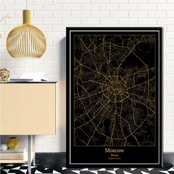 Moscova, Rusia Black&Gold City Light Hărți Personalizate Lume Hartă A Orașului Postere Canvas Printuri Stil Nordic Arta De Perete Decor Acasă