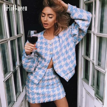 Toamna 2019 Femei-Tweed 2 Bucata Set Perle Sacou Carouri Haina + Elastic Ciucure Fusta Mini Costum De Seturi De Haine De Iarna Streetwear