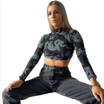 Femeile Dragon Model de Decupare de Imprimare T-shirt, Bluze cu Maneca Lunga cu Spatele gol Sexey Tee Top Haut Femme Manche Longue Bluză de Mătase Tricou