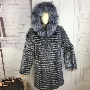CNEGOVIK Noua moda de vulpe argintie blană cu glugă haina de blană de vulpe argintie blană haină de 90cm lungime femeile red fox jacheta blana