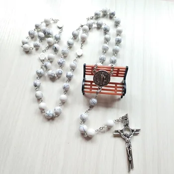 KOMi Religioasă Catolică Alb Turcoaze Mici Margele Coliere Pandantiv Cruce Fermecător Hristos Rugăciune Cadouri Bijuterii Collana R-415