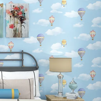 Desene animate romantice Cer Albastru Nori Albi Balon cu Aer Cald Camera Copiilor Dormitor Decor de Perete din PVC, ușor de Purtat, rezistent la apa de Vinil Tapet