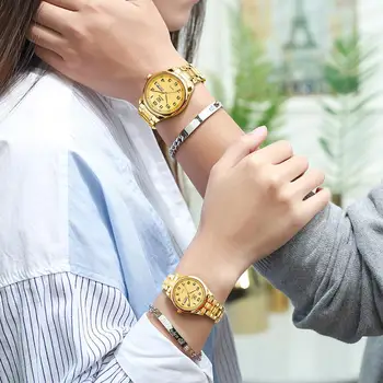High-end de brand de ceas de aur de moda simplu atmosfera de cuarț oțel trupa calendar femei ceas barbati cuplu de masă