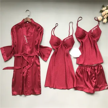 Patru piese de Costum Subțire Acasă cămașă de noapte pentru Femei de Primăvară Și de Toamnă Sexy Pijamale Cu Tampoane de San pentru Femei Bretele, pantaloni Scurți