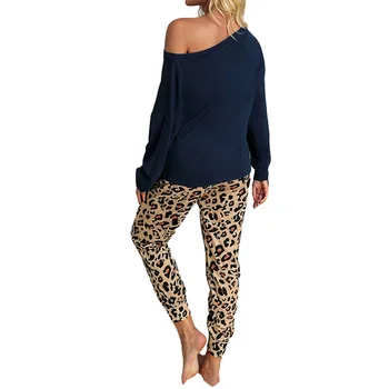 Femei Trening Leopard de Imprimare de Primăvară de Toamnă la Modă Maneci Lungi Rotunde Gât T-Shirt de Sus+Cordon Pantaloni 2 buc Tinuta Set