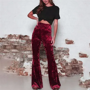 Vintage Lungi Flare Pantaloni Femei Coreene Streetwear-Sexy Pantaloni Talie Mare Doamna Casual Velur Negru Rosu Clopot Jos Pantalonii