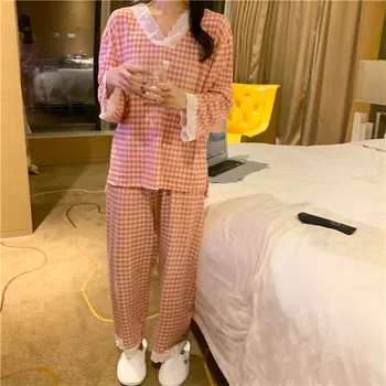 2020 femei v-gât pijama seturi de dantelă bantă maneca pantaloni acasă costum mujer pijama sleepwear primavara toamna îmbrăcăminte de noapte L019