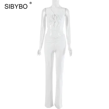 Sibybo Două Bucata Set Cordon De Trening Femei Sexy Backless Rezervor De Top Și Tubulare Lungi, Pantaloni Negri Streetwear Seturi De Potrivire