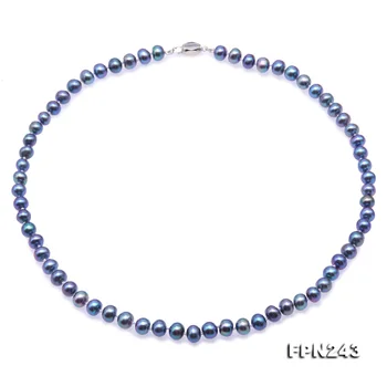 Perle unice Magazin de bijuterii Albastru Păun AA 7-7.5 MM Rotund Plat de apă Dulce Pearl Colier de 45cm din Argint Incuietoare