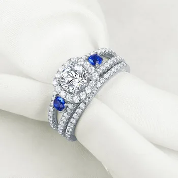 Newshe Argint 925 Inele de Nunta Pentru Femei Bijuterii Clasice Tăiate Rotund Albastru Partea AAA Zirconia Inel de Logodnă de Mireasa Set