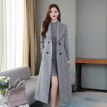 Iarna 2020 Nouă Haină de Lână Femei Rever Moda Lungi Slim Fit Culoare Solidă Tweed Maneca Lunga Haină de Pânză