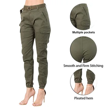 2020 Femei Talie Mare Slim Jogger Cargo Pantaloni De Culoare Solidă Cu Potrivire Centura Armata Verde De Fitness Pantaloni De Trening Mujer Pantalones