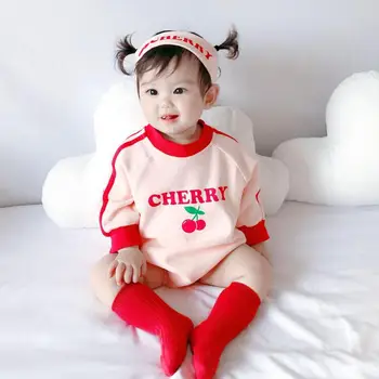 Copil drăguț Nou-născut Fată Cherry Tipărite Body Bumbac Maneca Lunga, Salopeta Cu Bentita O-gât Copil Haine de Fata 0-24M