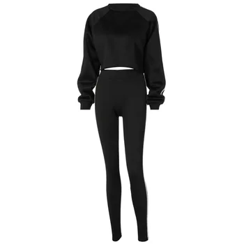 Femei Seturi de Trening de Funcționare Sportwear Tricou Vrac Talie Mare costum Casual cu Maneci Lungi de Sus a Culturilor Două Piese Salopeta Neagra