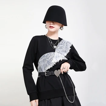 [MEM] Vrac se Potrivi Aripi Negre Cusatura Tricoul Noi Gât Rotund Maneca Lunga pentru Femei de Dimensiuni Mari Mareea Moda Primavara Toamna anului 2021 1DC689