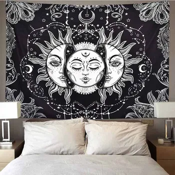 Mandala Tapiserie Alb Negru Soarele Și Luna Tapiserie de pe Perete Bârfă Tapiserii Hippie Perete Covoare Dormitor Decor Pătură 90*60cm