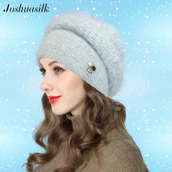 Joshuasilk Iarna Femei Angora Pălărie Dublu Caldă de Trei-Dimensional Benzi de Decorare Voluminoase Pălărie