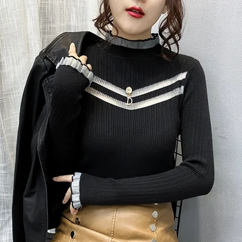 Toamna, Iarna Stil coreean Pulover Femei Chic Volane Plasă de Mozaic Topuri Iepure Lână Pulovere Ropa Mujer Tricotate Bluza T08901L