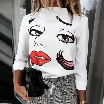 Elegant Nou Buzele de Imprimare bluza tricouri Femei 2020 Moda Toamna Sta Gât Pulovere topuri Doamnelor Casual cu Maneci Lungi Buton Blusa