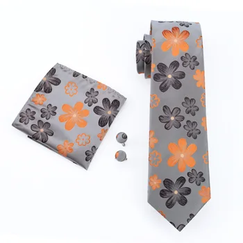 FA-1016 Barry.Wang Mens Legături Gri Floral Jacquard Mătase Cravata Batista Butoni Set Oameni de Afaceri Cadou Cravate Pentru Bărbați Transport Gratuit