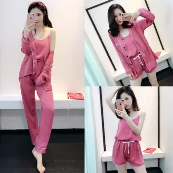 7 Piese Roz pentru Femei Seturi de Pijamale solid Homewear Bumbac, Pijamale 2019 Toamna Primavara Homewear Pijama Lenjerie Cămașă de noapte