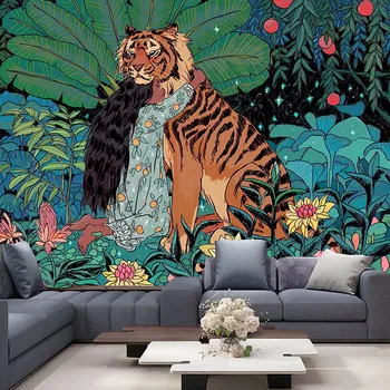 Tigru si Fata tapiserie Mandala Hippie Macrame Agățat de Perete Boho Decor Vrăjitorie Tapiserie