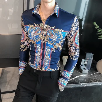 2020 Retro de Lux pentru Bărbați Tricouri Maneca Lunga Streetwear Casual Slim Fit Shirt Partidul Social Bluza Barbati Haine Camisas Hombre Para