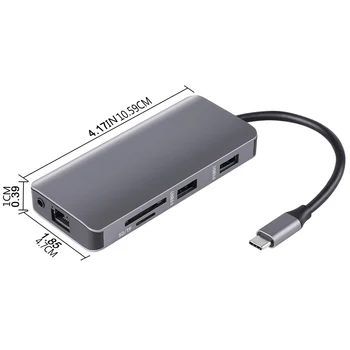 9 în 1 Tip C Hub Multi-funcție de Tip C la VGA HD Audio de 3,5 mm RJ45 USB 3.0 SD Card Micro SD Adapter