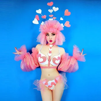 Dragostea Net Tifon Puff Maneca Valentine Bikini Set Bar Club de noapte solista DJ DS Petrecere cu Costume de Sărbătoare Performanță DWY3735