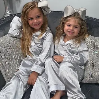 Solid Copii Pijamale Copii, Matase, Satin Topuri Pantaloni Toamna Complet Maneca Pijamale Pijamale Fată Băiat Seturi De Pijama
