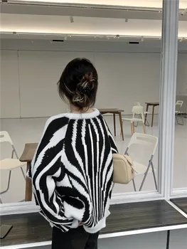 2020 Nouă Epocă Zebra Cu Dungi Pulover Pulover Tricotate Femei Toamna Iarna Lungă Puff Maneca Gaura Pulovere Topuri Doamnelor