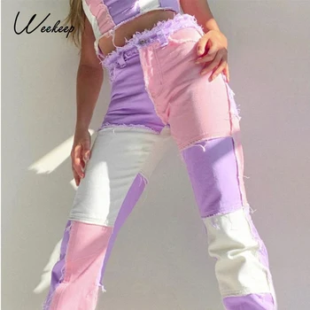 Weekeep Femei De Moda De Talie Mare Streetwear Blugi Mozaic Vintage Din Bumbac Design Buton Zbura Direct Denim Pantaloni Slim Jean