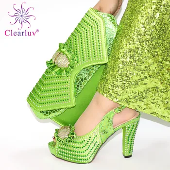 Cele mai recente Stil Italian Femeie Pantofi Și Sac Pentru a se Potrivi Set Nigerian de Culoare Verde Stras Pompe 11.3 CM Pantofi Și Geantă Set Pentru Petrecere