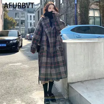 Haină de lână Femei Plus Dimensiune Carouri Feminino Elegant Long Double Breasted Femei Îmbrăcăminte de Iarnă Amestecuri pentru Femei de Moda coreeană