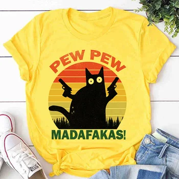 Pew Pew Madafakas Print T-shirt Femei Pisica Neagra de Gangster Cu Arma Meme Retro Amuzant Tricou Mâneci Scurte Umor Cadou Topuri Tricou