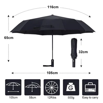 Vânt puternic, Rezistent la Pliere Umbrela Automata Bărbați Femei Ploaie 12Ribs Umbrele Mari Afaceri Portabile cu Mâner Lung Umbrelă de soare