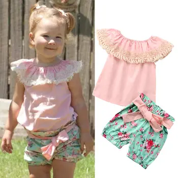 2018 Moda Toddler Copii Drăguț Copil Fată Dantelă Florale Bowknot Top T-shirt, pantaloni Scurți, Costume Set de Haine de Vara