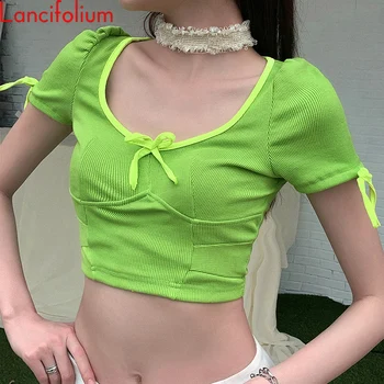 Sexy V-Neck Crop Top Pentru Femei De Vară Cravată Față Tricot T Shirt Doamnelor Puf Verde Cu Maneci Scurte Baddie Egirl Top Trunchiate Tricou 2020