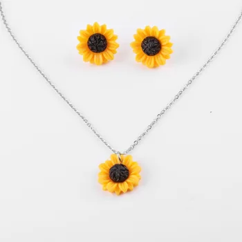 Noi de Floarea-soarelui Stud Cercei Colier Set de Bijuterii 15mm 18mm 25mm Rășină Floare Colier Guler pentru Femei Fata de Bijuterii Cadou