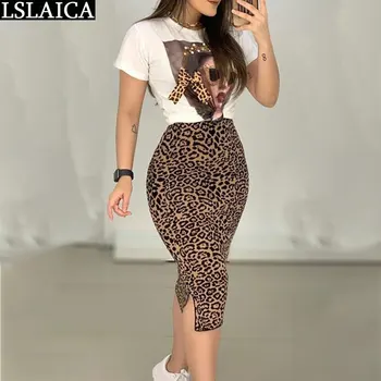 Doi Bucată Set Pentru Femei Casual, O-Neck T Camasa Si Fusta Set De Moda Leopard De Imprimare De Birou Femei Set Eleganta Slab Ropa Este De Sex Feminin