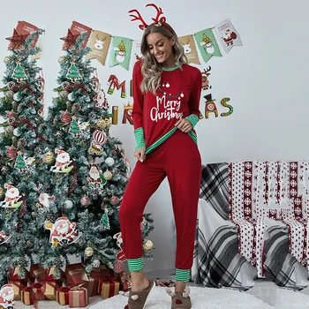 2021 Crăciun Pijamale Xmax Două Seturi De Piese Pentru Femei Supradimensionat Din Bumbac Pijamale De Craciun Imprimate Complet Maneca E-Fata De Iarna Haine Chic