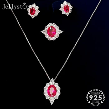 Jellystory vintage argint 925 set de bijuterii pentru femei inel cercei colier cu formă ovală 8*10mm pietre pretioase rubin nunta logodna