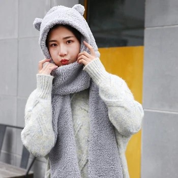 Femei Iarna Cald De Pluș Dintr-O Bucata Pălărie Eșarfă Urechi Urs Termice Cu Gluga Earflap Cap