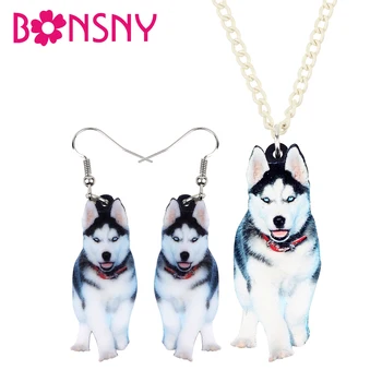 Bonsny Declarație Acrilic De Câini Husky Siberian Seturi De Bijuterii Cercei Colier Guler De Moda Animalelor De Companie Cadouri Pentru Femei Fete Noi