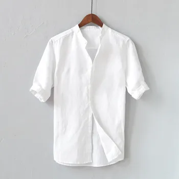 2020 Lenjerie De Pat Din Bumbac Pentru Bărbați Cămăși Albe De Vara De Culoare Solidă Buton Camasa Maneca Jumătate Coreean Haine Barbati Tricou Camisas Hombre Para F8