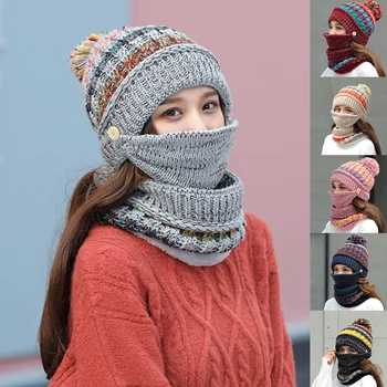 3pcs Iarna Masca Pălărie Eșarfă Set de Cald Îngroșa Femei Fete Căciuli Pompom în aer liber, Ciclism, Călărie Capac Tricotate Eșarfe