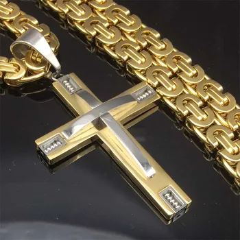 Moda Barbati Baieti ton de Aur/argint din Oțel Inoxidabil Colier Pandantiv Cruce cu 24inch Bizantin Cutie de Link-ul Lanț Colier