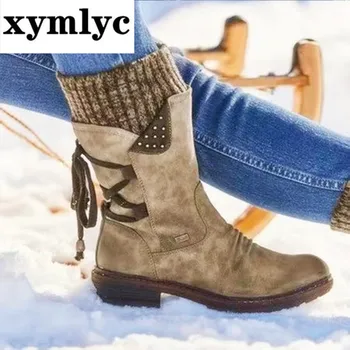 Xymlyc Femei Cizme Toamna Iarna pantofi de Epocă, tv cu Dantela Sus Pantofi Cizme de Zapada de Tricotat Mozaic Femei la Jumătatea Vițel Cizme femei